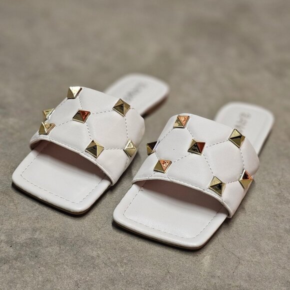 Shoes - White Studded Slide Sandals With Quilted Strap Design Square Toe Womens